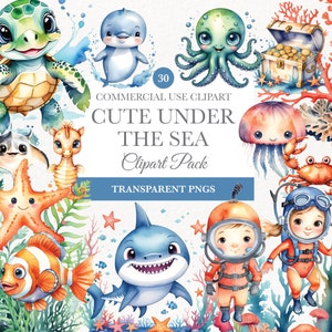 Onder de zee aquarel clipart, transparante pngs, babyshower, zeeleven, schattige oceaan dieren clipart, onderwater commercieel gebruik png
