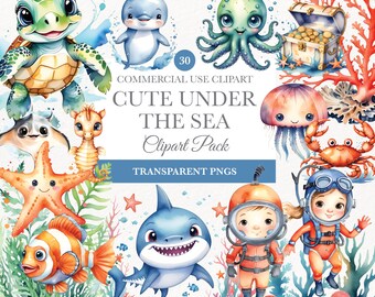 Under The Sea Watercolor Clipart, Transparent Pngs, Baby Shower, Sea Life, Cute Ocean Animal Clipart, Under Water Commercial Use PNG