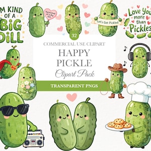 Può includere: Una collezione di illustrazioni di sottaceti dei cartoni animati con varie espressioni e accessori. Alcuni sottaceti tengono cartelli con testo come "I'm Kind of a Big Dill" e "Love You More Than Pickles". Il pacchetto clipart include PNG trasparenti.