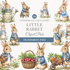 May include: Watercolor illustrations of adorable rabbits in various poses. The rabbits are wearing blue jackets and carrying items like carrots, flowers, and baskets. The image includes text that reads "Little Rabbit Clipart Pack" and "Transparent PNGs".
