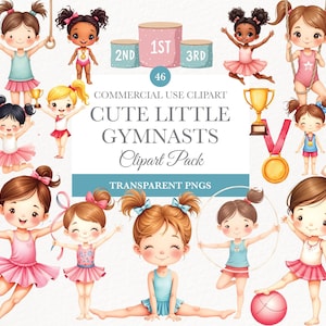 Clipart di ginnastica ad acquerello, ginnastica ritmica, arte stampabile per bambini, clipart di ragazze ginnaste, ragazza ginnasta, bundle di png di ginnastica