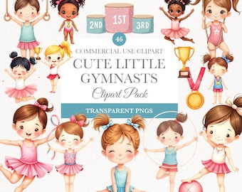 Peut inclure: Un ensemble de 46 images clipart numériques représentant de jolies petites gymnastes dans différentes poses. Les gymnastes portent des justaucorps colorés et ont des coiffures différentes. Le clipart comprend une variété d'accessoires, tels que des rubans, des cerceaux, des ballons et des médailles. Le texte "COMMERCIAL USE CLIPART CUTE LITTLE GYMNASTS Clipart Pack TRANSPARENT PNGS" est inclus dans l'image.