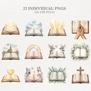 May include: A set of 12 watercolour illustrations of open books with decorative elements. The images include a rainbow, doves, butterflies, a church, and a cross. The text "22 INDIVIDUAL PNGS 300 DPI PNGS" is at the top.