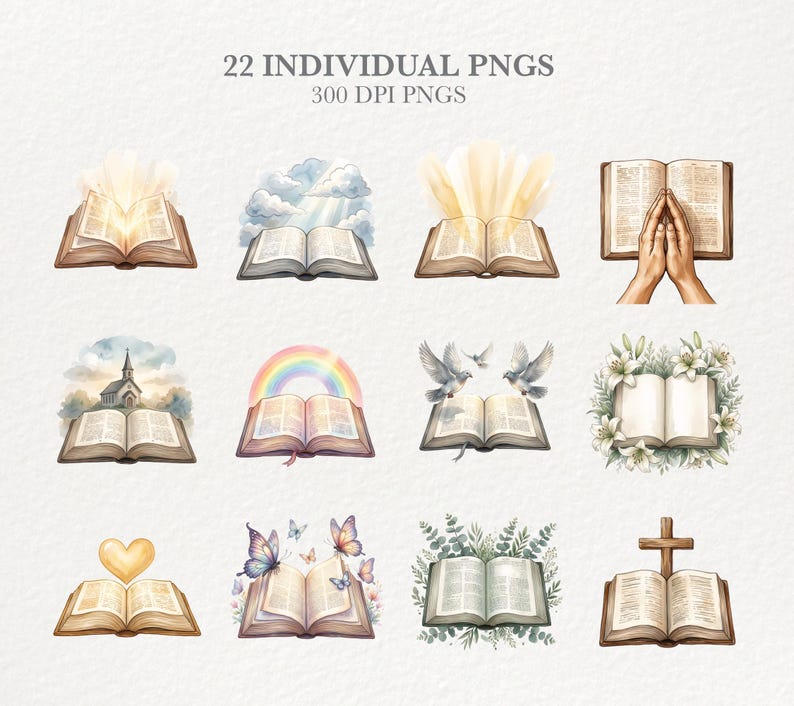 May include: A set of 12 watercolour illustrations of open books with decorative elements. The images include a rainbow, doves, butterflies, a church, and a cross. The text "22 INDIVIDUAL PNGS 300 DPI PNGS" is at the top.