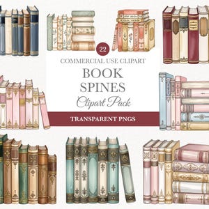 May include: Watercolor clipart pack featuring illustrations of vintage book spines in various colors, including blue, pink, and gold. The image includes the text "BOOK SPINES Clipart Pack" and "TRANSPARENT PNGS".