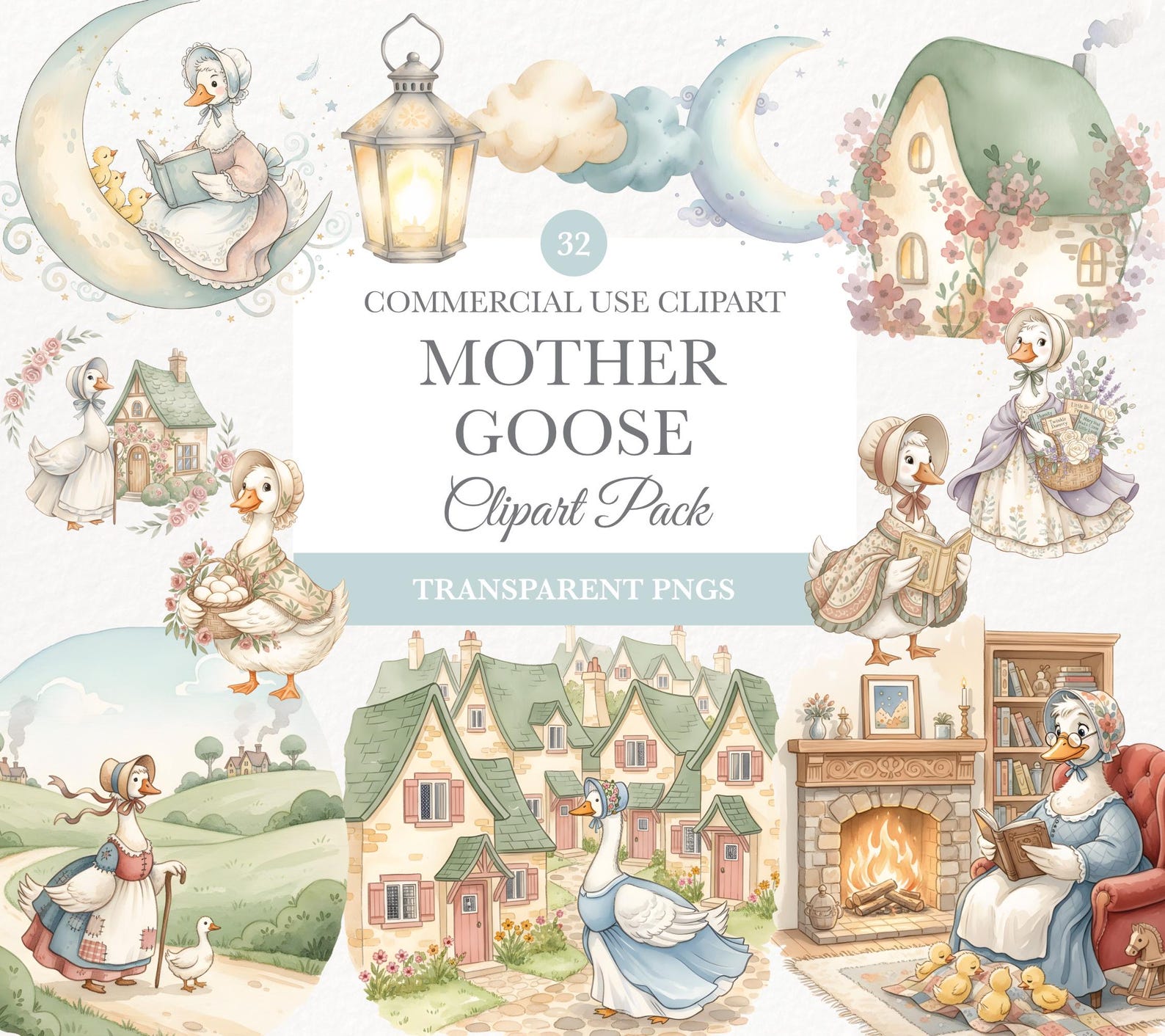 Mother Goose Nursery Rhymes Clipart, Watercolor Storybook Art for Baby ...