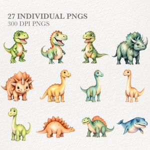 May include: A set of 10 watercolor illustrations of dinosaurs in various poses. The dinosaurs are all different colors and have friendly expressions. The illustrations are perfect for use in children's books, greeting cards, or other creative projects.