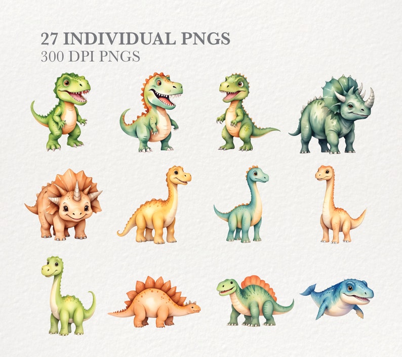 May include: A set of 10 watercolor illustrations of dinosaurs in various poses. The dinosaurs are all different colors and have friendly expressions. The illustrations are perfect for use in children's books, greeting cards, or other creative projects.