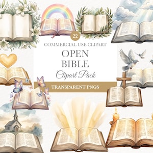 Puede incluir: Una colección de ilustraciones en acuarela que presentan Biblias abiertas con varios elementos decorativos. Las imágenes incluyen arreglos florales, mariposas, arcoíris, palomas y velas. El texto dice "OPEN BIBLE Clipart Pack".