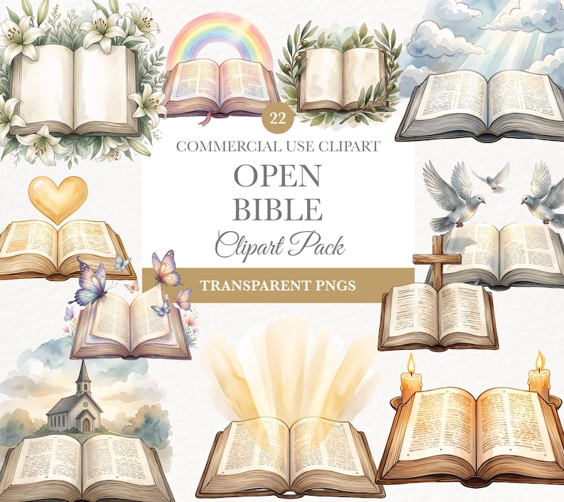 May include: A set of watercolour illustrations depicting open Bibles with decorative elements. The images include floral arrangements, butterflies, rainbows, doves, and candles. Text reads "OPEN BIBLE Clipart Pack".