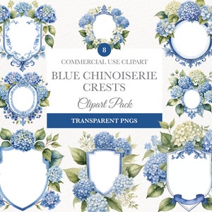 Chinoiserie Clipart, Aquarela Chinoiserie Crest, Chinoiserie Floral Clipart Ilustrações PNG, Hydrangea, Fine Art Wedding Crest