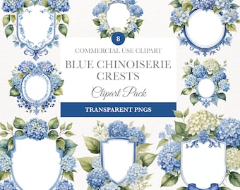 Chinoiserie Clipart, Watercolor Chinoiserie Crest, Chinoiserie Floral Clipart PNG Illustrations, Hydrangea, Fine Art Wedding Crest