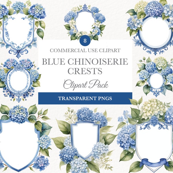 Chinoiserie Clipart, Watercolor Chinoiserie Crest, Chinoiserie Floral Clipart PNG Illustrations, Hydrangea, Fine Art Wedding Crest