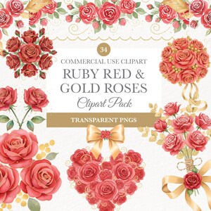 Peut inclure: Une collection de cliparts de roses rouge rubis et or. L'image présente divers arrangements de roses, notamment des bouquets, une forme de cœur et des bordures florales. Le texte indique "RUBY RED & GOLD ROSES Clipart Pack" et "TRANSPARENT PNGS".