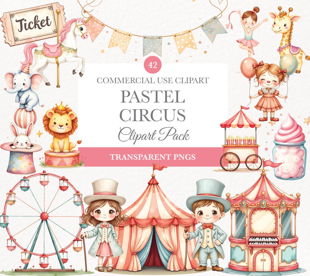 Pastel Circus Clipart, Cute Tent Graphics, Carnival Animals, Digital ...