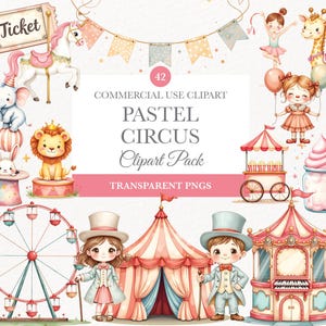 Pastel Circus Clipart, Cute Tent Graphics, Carnival Animals, Digital Download for Kids, Nursery Decor Ideas