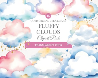 Nubes para baby shower PNG, lindo paquete de imágenes prediseñadas de nubes esponjosas para la decoración de la habitación del bebé, imágenes prediseñadas en acuarela pastel