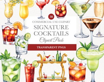 Signature Cocktail, Watercolor Cocktail Clipart, Alcohol Clipart, Espresso Martini Clipart, Signature Drink Clipart, Drink Cocktail Bundle