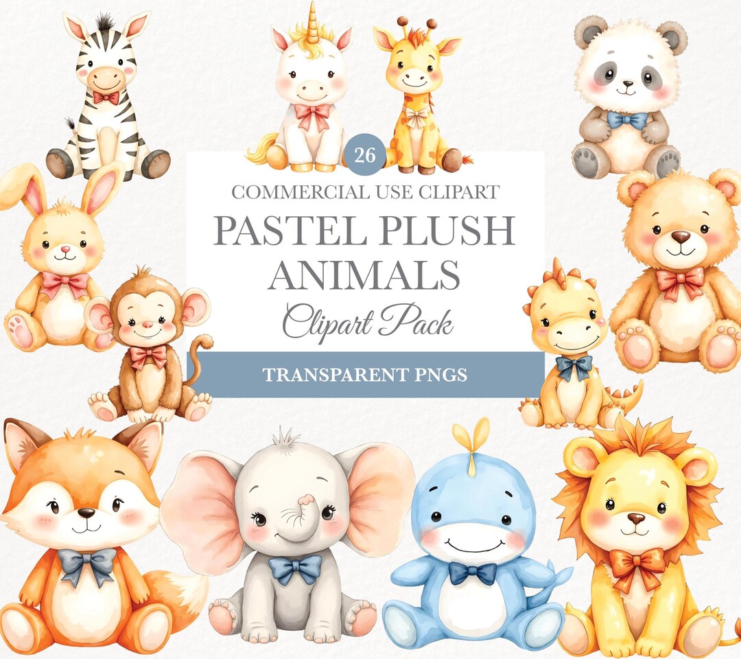 Commercial Use Clipart Quirky Plush Animals Watercolor Scrapbooking ...