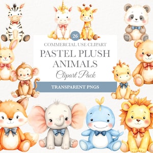 Animais de pelúcia fofos clipart, animais de pelúcia vintage, convite para chá de bebê, gráficos de scrapbooking, animais fofos de berçário em aquarela