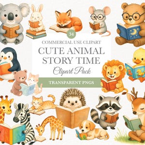 May include: A collection of watercolor illustrations featuring various animals reading books. The image includes a koala, rabbit, fox, mouse, bear, penguin, lion, duck, giraffe, zebra, cat, hedgehog, raccoon, deer, and puppy. Text reads "Cute Animal Story Time Clipart Pack."