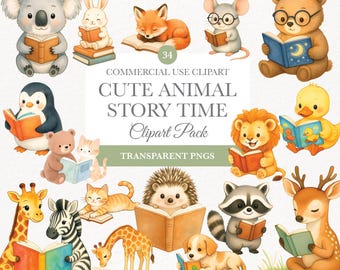 A New Chapter Baby Shower Clipart, Watercolor Animals, Cute Animal Illustrations, Digital Download PNG Bundle