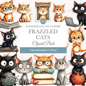Frazzled Cat Clip Art, High Res Watercolor JPGs for Scrapbooking, Digital Download Kit, Cute Cat Clipart, Funny Cat Clipart, Quirky Cat Art