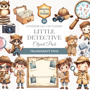 Watercolor Clipart Detective, Cute Detective Art, Secret Agent Clipart, Mystery Graphics, Digital Download PNG