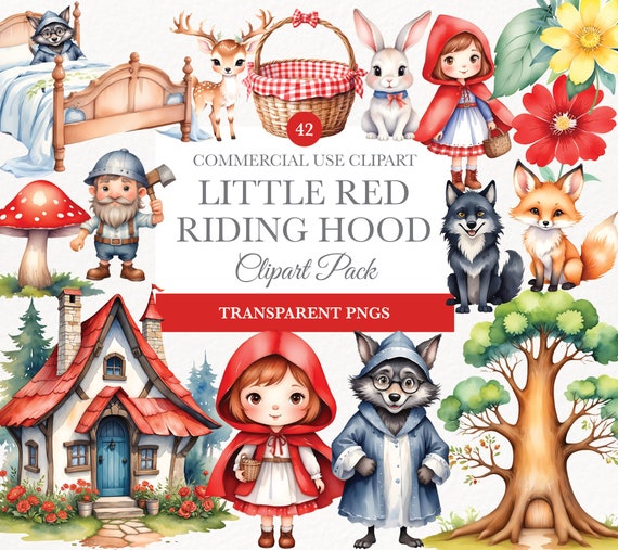 Little Red Riding Hood Clipart, Fairytale Clipart, Red Riding Hood Party, Fantasy Gothic Fairytale Junk Journal Ephemera, Fairy Tale