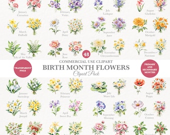 Birth Month Flower Clipart, Birth Flower PNG, Birth Month Flower Bouquet, Mother's Day Gift, Watercolor Birth Month Flowers, Floral