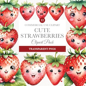 Kawaii Erdbeeren, digitaler Download, Sofort-Download, Kawaii Früchte Clipart, kommerzielle Nutzung, Erdbeere PNG, süßes Obst Clipart