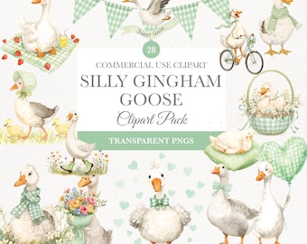 Imágenes prediseñadas de ocas graciosas, adorables PNG de cuadros vichy para decoración de baby shower, arte campestre estilo cottagecore