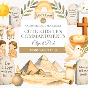 Könnte beinhalten: Eine Sammlung von Aquarell-Clipart-Elementen mit religiösen Themen. Enthält eine lächelnde Sonne, Lämmer, betende Kinder, einen Regenbogen, ein Kreuz, eine Taube und Textelemente mit inspirierenden Botschaften. Der Text enthält "Love God first", "God's Love" und "Cute Kids Ten Commandments Clipart Pack."