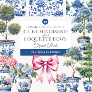 Chinoiserie Clipart, Printable Art, Chinoiserie Frames Watercolor, Instant Download, Blue Chinoiserie Digital Paper, Blue Topiary Watercolor