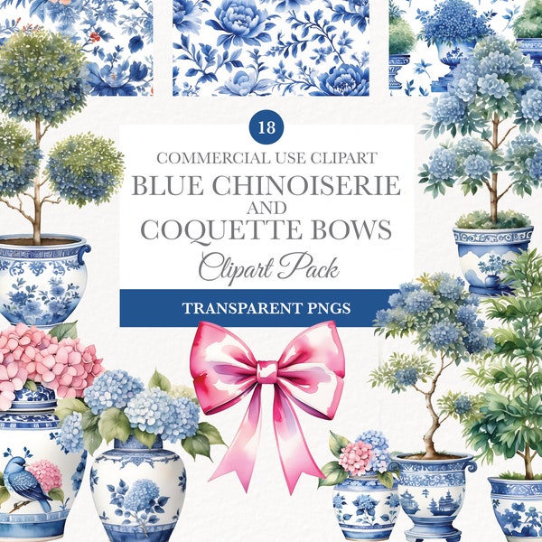 Chinoiserie Clipart, Printable Art, Chinoiserie Frames Watercolor, Instant Download, Blue Chinoiserie Digital Paper, Blue Topiary Watercolor