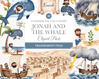 Jonah and the Whale Clipart, Cute Bible Story Illustrations, Digital Download, Christian Art for Kids
