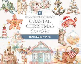 Puede incluir: Pack de imágenes prediseñadas de acuarela con temas navideños costeros. Incluye una tortuga con una corona, Papá Noel con una tabla de surf, un cangrejo con gorro de Papá Noel, un castillo de arena, una casa de playa y otros elementos festivos. El texto "Coastal Christmas Clipart Pack" es visible.