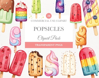 Popsicle Stick Clipart, Watercolor Ice Cream, Digital PNG, Colorful Popsicle Graphics, Commercial Use Art