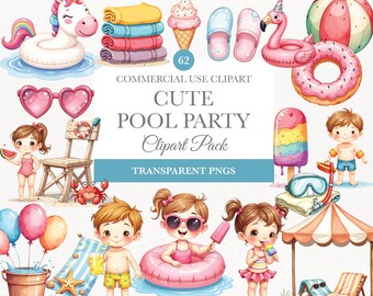 Clipart de fiesta en la piscina, arte divertido para cumpleaños infantiles de verano, helado de acuarela, lindos gráficos para fiesta en la playa, uso digital