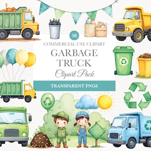 Mülltruck Clipart, digitaler Download PNG-Bilder für Kinder, Geburtstagsparty Kunst, lustige Mülltruck Grafiken