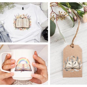 May include: A white t-shirt featuring an open book design surrounded by flowers. A white mug with a rainbow and book design is held. A brown tag with a book and feather design is shown.