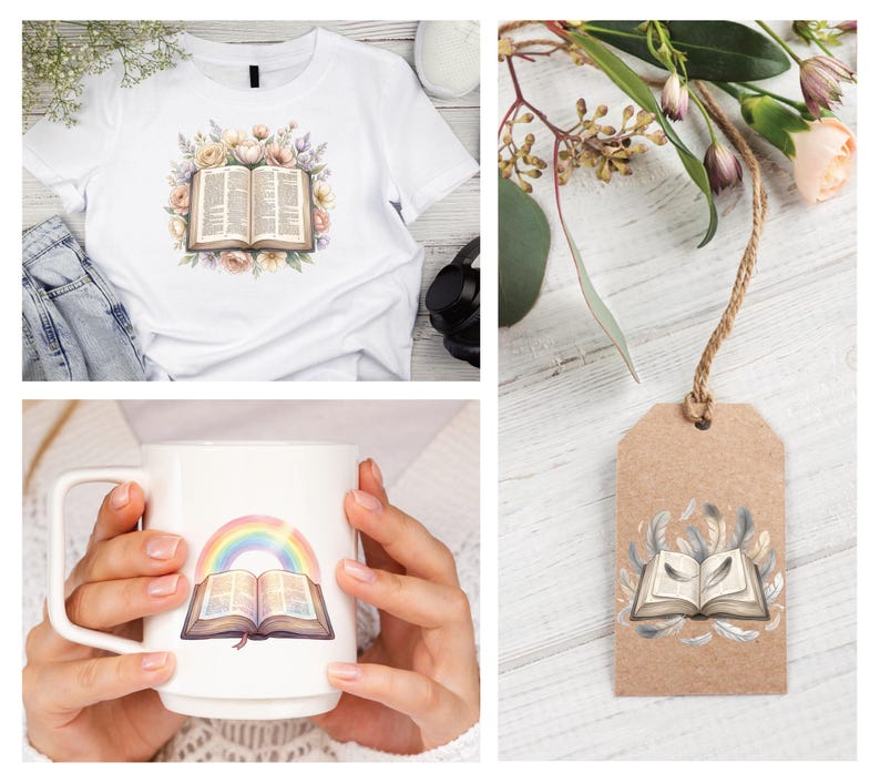 May include: A white t-shirt featuring an open book design surrounded by flowers. A white mug with a rainbow and book design is held. A brown tag with a book and feather design is shown.