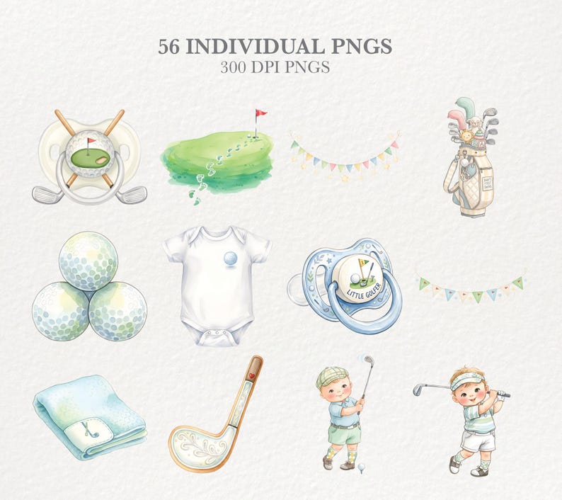Golf Pacifier Golf Baby Shower Clipart - Cute Watercolor Golf Club, Ball, and Cart ...