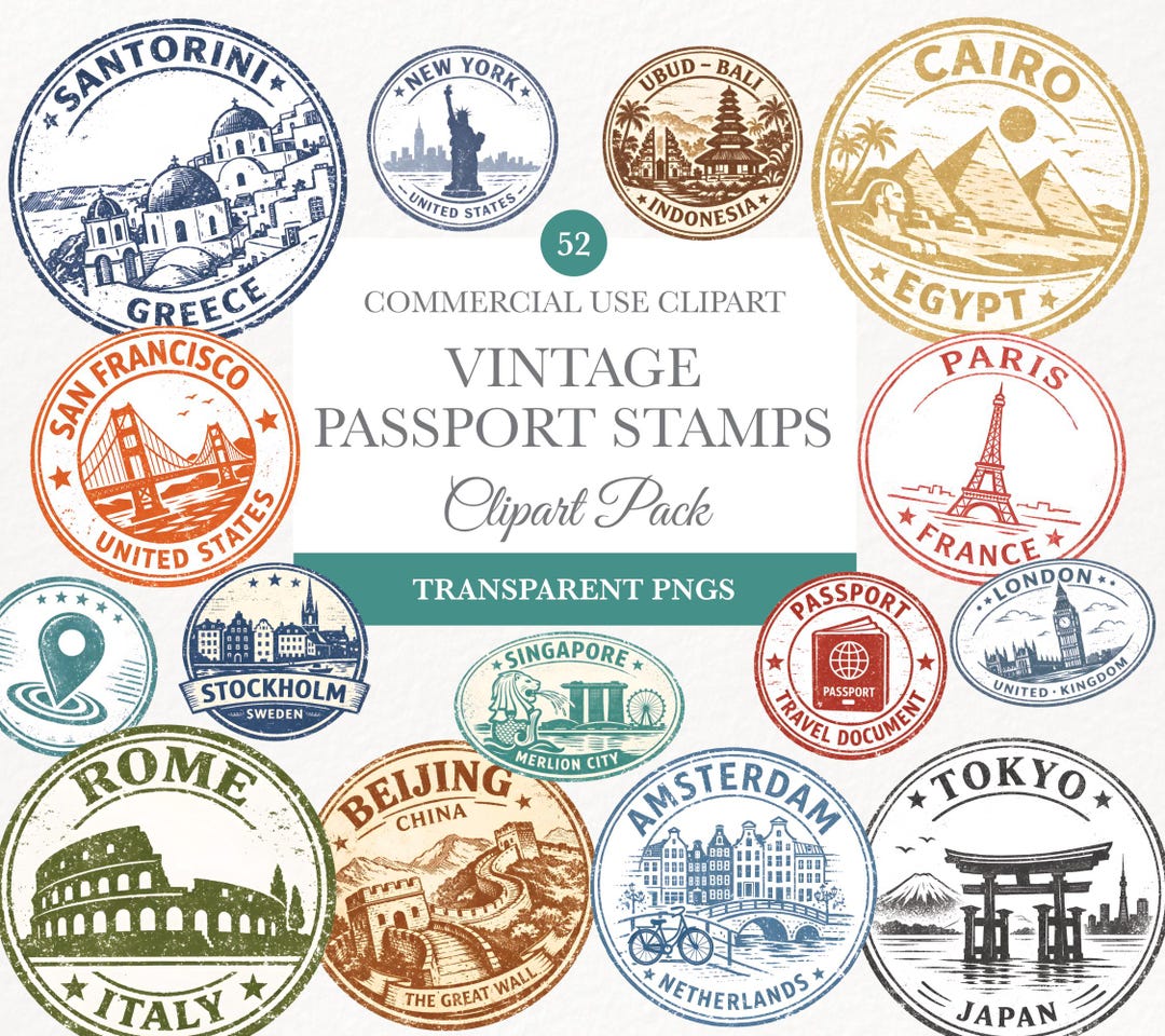 Passport Stamp Clipart, Travel Stamps PNG Bundle for Scrapbooking ...