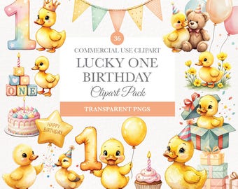 Lucky One Birthday Clipart, süße Ente Art, perfekt für Geburtstagseinladungen und Baby-Duschen, Instant Download