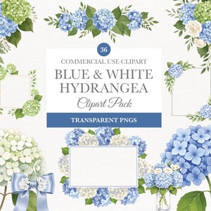 May include: A collection of watercolor clipart featuring blue and white hydrangea flowers, leaves, and floral arrangements. The text reads "Blue & White Hydrangea Clipart Pack" and "Transparent PNGs".