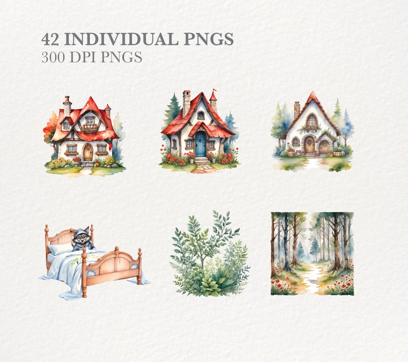 May include: A set of watercolor illustrations featuring a red-roofed cottage, a forest path, a bed with a wolf in it, and a green bush. The illustrations are in a whimsical style and would be perfect for use in a children's book or other creative project.