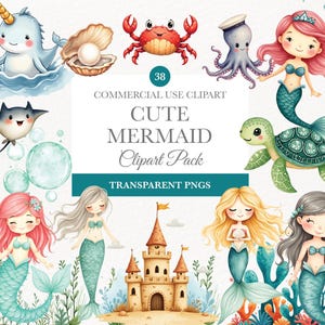 Imágenes prediseñadas de sirenas en acuarela, lindas criaturas marinas, arte infantil submarino, licencia ilimitada, imágenes prediseñadas de sirena, lindo arte submarino para niños