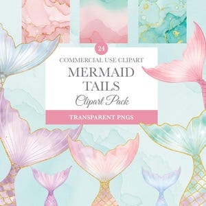 Clipart de cola de sirena en acuarela, clipart submarino para baby showers, gráficos de sirena pastel, descarga digital, cola de sirena PNG