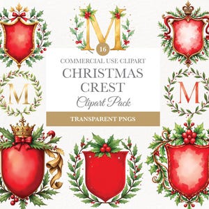 Watercolor Christmas Crest PNG , Vintage Winter Frames Clipart, Floral Wedding Design, Digital Download, Christmas Crest DIY, Red Green Bow
